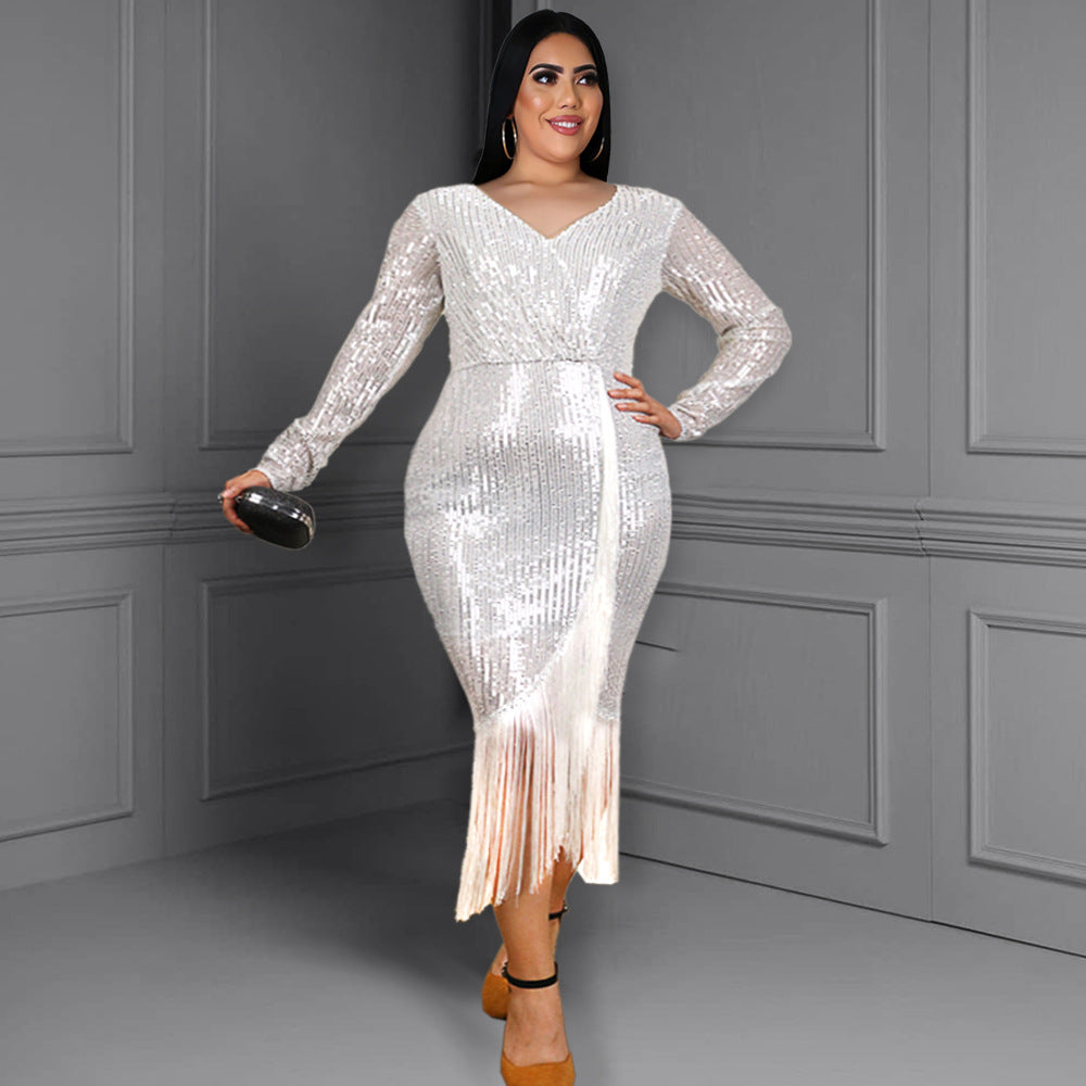 Sexy Elastic Sequin Tassels Plus Sizes Party Dresses