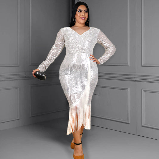 Sexy Elastic Sequin Tassels Plus Sizes Party Dresses
