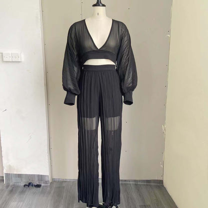 Sexy Women Two Pieces Long Sleeves Short Tops and Wide Legs Pants