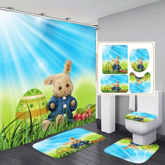 3D Green Landscape Shower Curtain Set Bathroom Rug Bath Mat Non-Slip Toilet Lid Cover