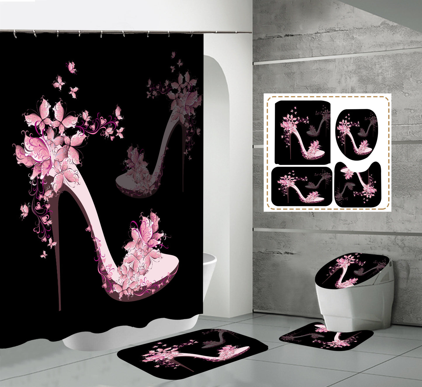 High Heels Design Shower Curtain Set Bathroom Rug Bath Mat Non-Slip Toilet Lid Cover