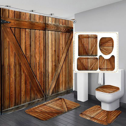 Vintage Wooden Door Design Shower Curtain Bathroom SetsNon-Slip Toilet Lid Cover