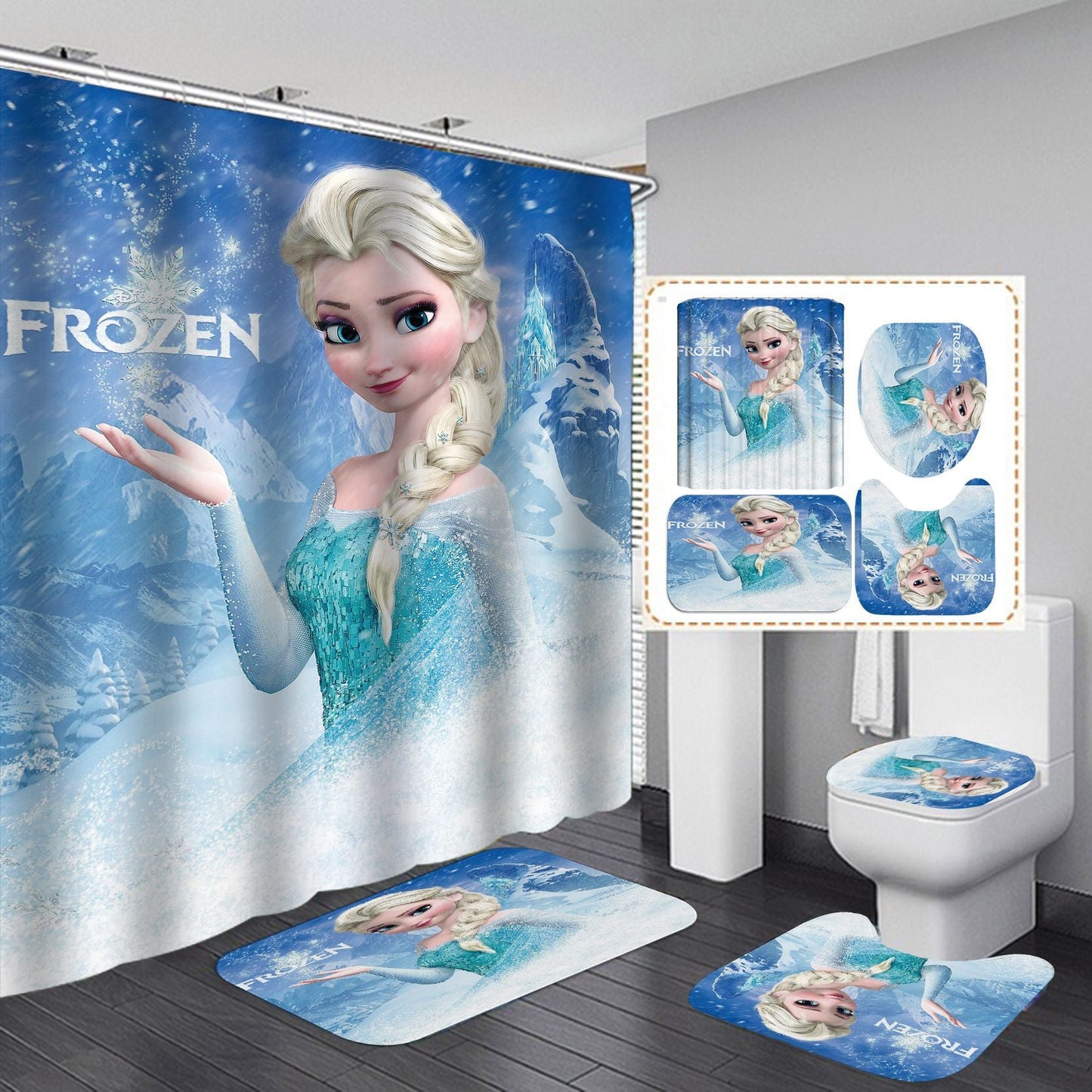 Cartoon Mermaid Design Shower Curtain Bathroom SetsNon-Slip Toilet Lid Cover