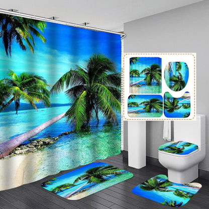 Seaside& 3D Palm Tree Shower Curtain Set Bathroom Rug Bath Mat Non-Slip Toilet Lid Cover