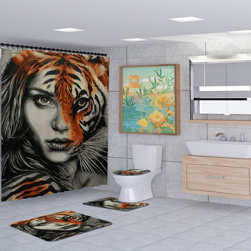 3D Animal and Beauty Shower Curtain Set Bathroom Rug Bath Mat Non-Slip Toilet Lid Cover