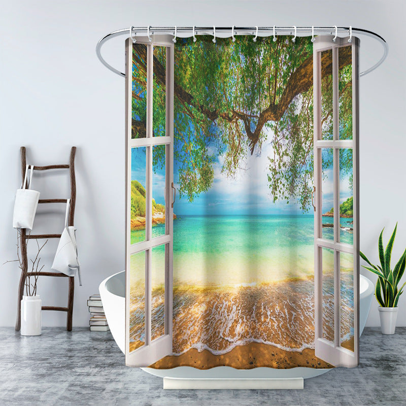 3D Window and Landscaple Water Proof Shower Curtain