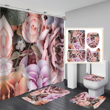 3D Flowers Print Shower Curtain Set Bath with Rugs