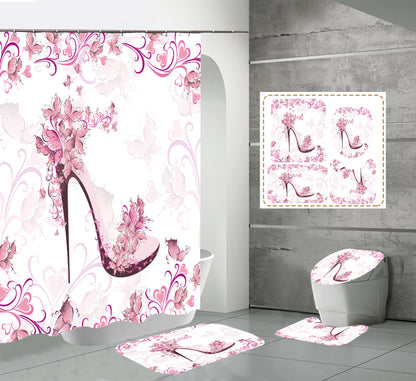 High Heels Design Shower Curtain Set Bathroom Rug Bath Mat Non-Slip Toilet Lid Cover