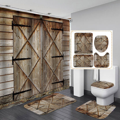 Vintage Wooden Door Design Shower Curtain Bathroom SetsNon-Slip Toilet Lid Cover