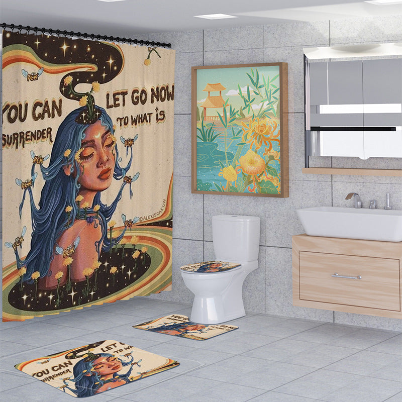 African Women Shower Curtain Set Bathroom Rug Bath Mat Non-Slip Toilet Lid Cover