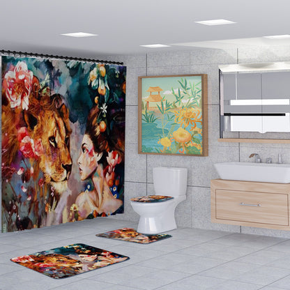 3D Animal and Beauty Shower Curtain Set Bathroom Rug Bath Mat Non-Slip Toilet Lid Cover