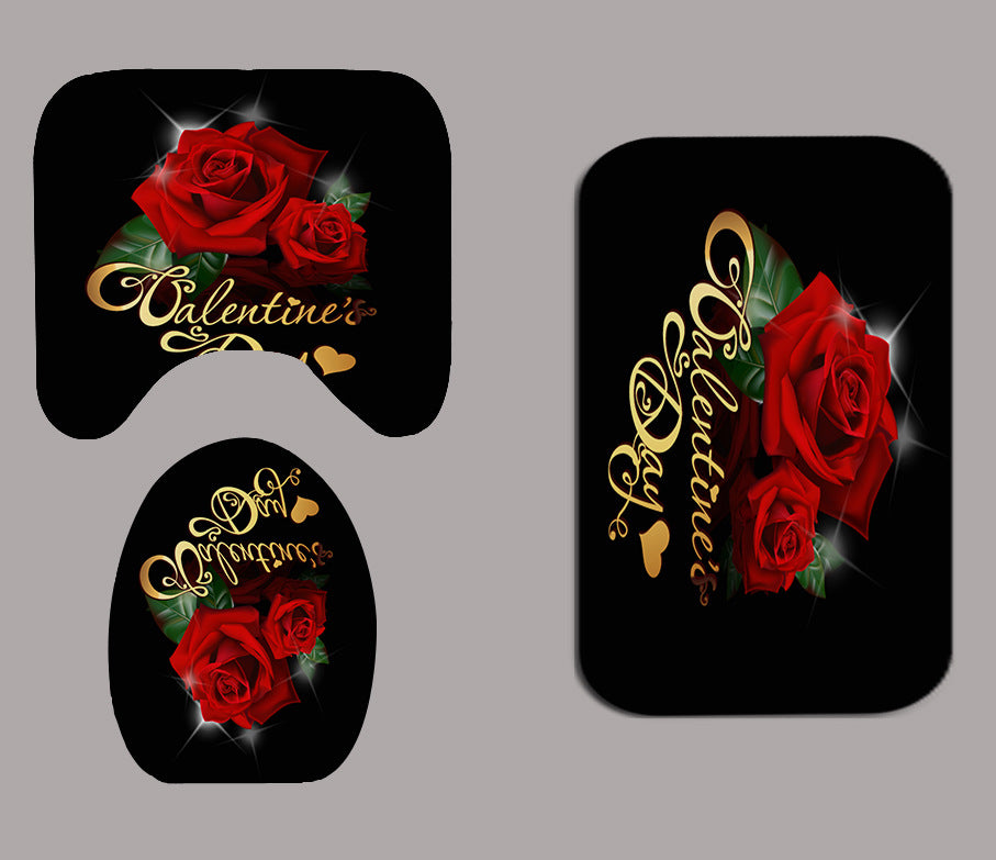 Valentine's 3D Rose Print Shower Curtain Sets with Rug