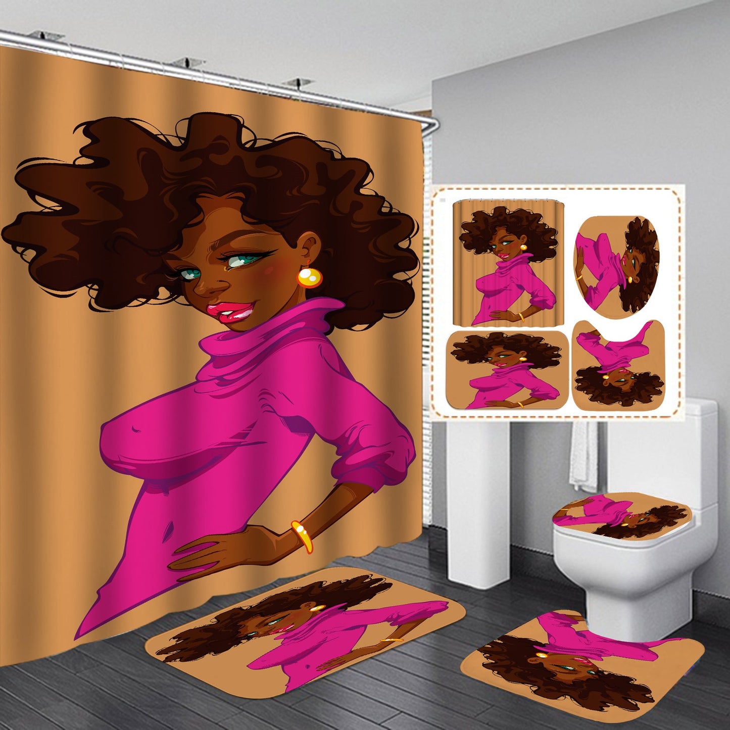 Beautiful Girl Design Shower Curtain Bathroom SetsNon-Slip Toilet Lid Cover