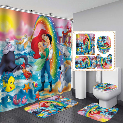 Cartoon Mermaid Design Shower Curtain Bathroom SetsNon-Slip Toilet Lid Cover