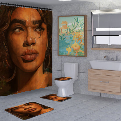 African Women Shower Curtain Set Bathroom Rug Bath Mat Non-Slip Toilet Lid Cover