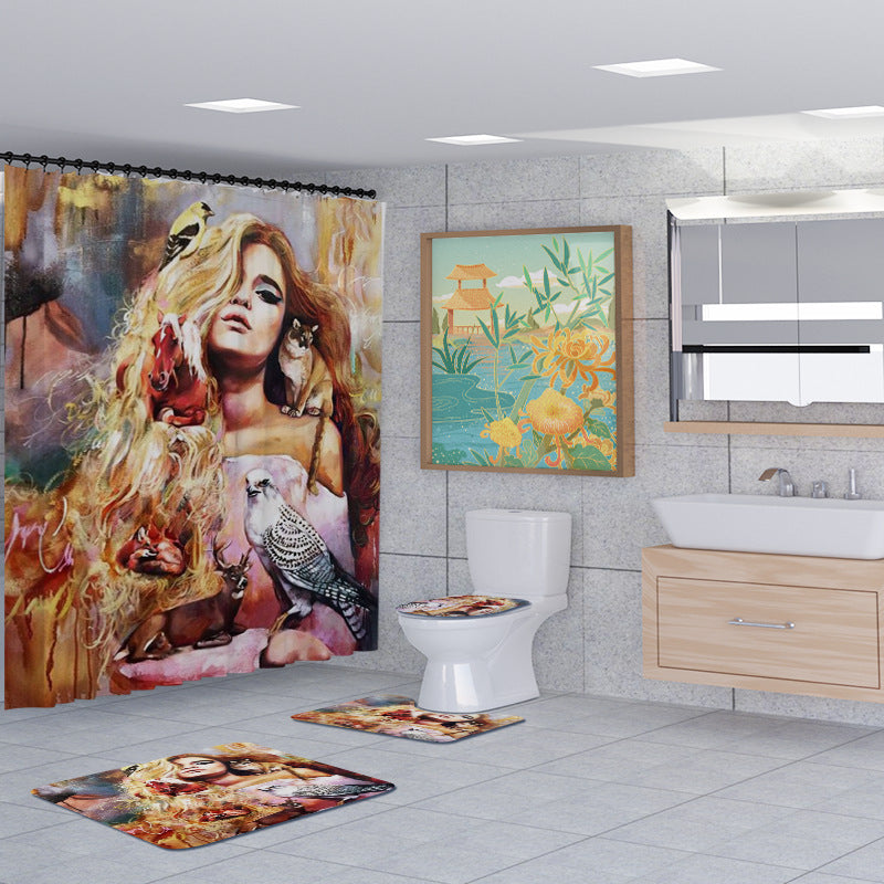 3D Animal and Beauty Shower Curtain Set Bathroom Rug Bath Mat Non-Slip Toilet Lid Cover