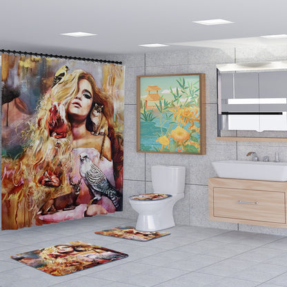 3D Animal and Beauty Shower Curtain Set Bathroom Rug Bath Mat Non-Slip Toilet Lid Cover