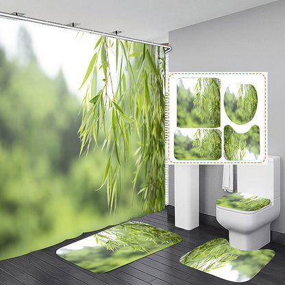 Spring Green Bud Shower Curtain Set Bathroom Rug Bath Mat Non-Slip Toilet Lid Cover