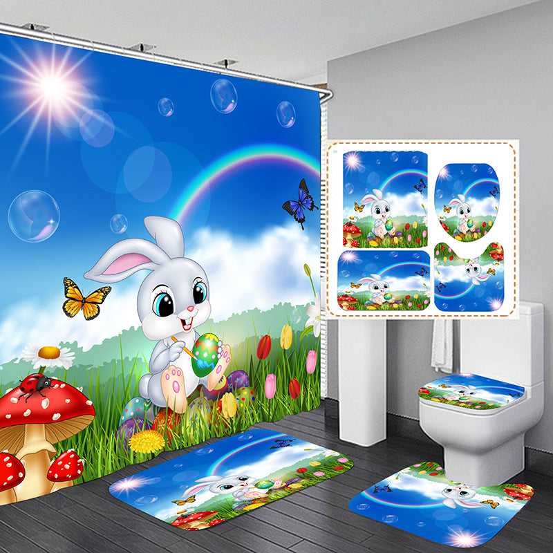 3D Green Landscape Shower Curtain Set Bathroom Rug Bath Mat Non-Slip Toilet Lid Cover