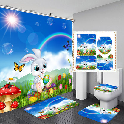 3D Green Landscape Shower Curtain Set Bathroom Rug Bath Mat Non-Slip Toilet Lid Cover