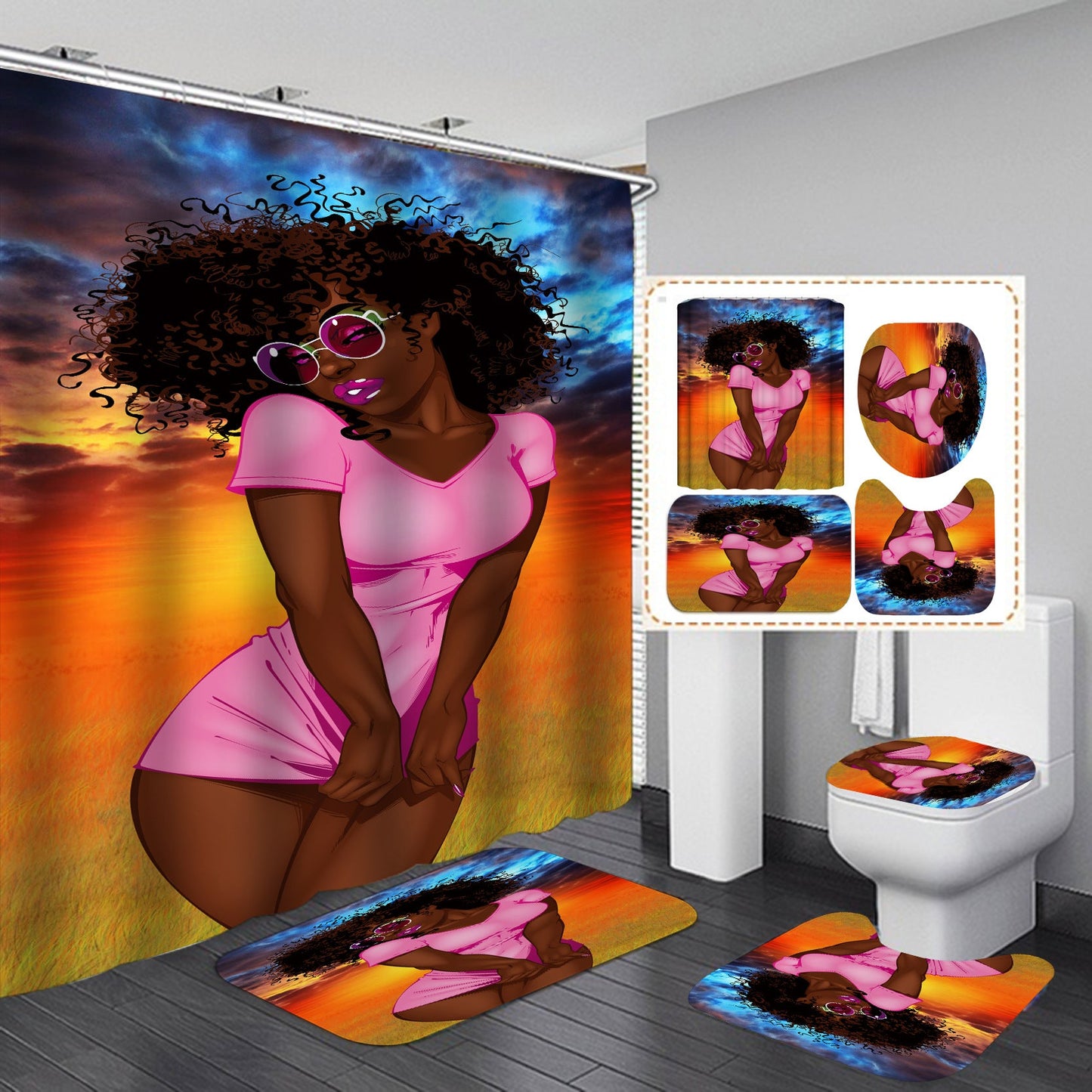 Beautiful Girl Design Shower Curtain Bathroom SetsNon-Slip Toilet Lid Cover