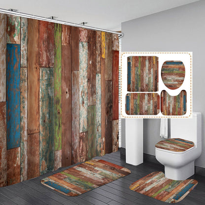 Vintage Wooden Door Design Shower Curtain Bathroom SetsNon-Slip Toilet Lid Cover