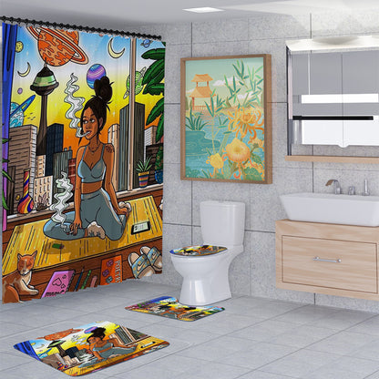 African Women Shower Curtain Set Bathroom Rug Bath Mat Non-Slip Toilet Lid Cover
