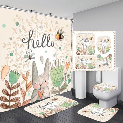 Colorful Animal Designed Shower Curtain Set Bathroom Rug Bath Mat Non-Slip Toilet Lid Cover