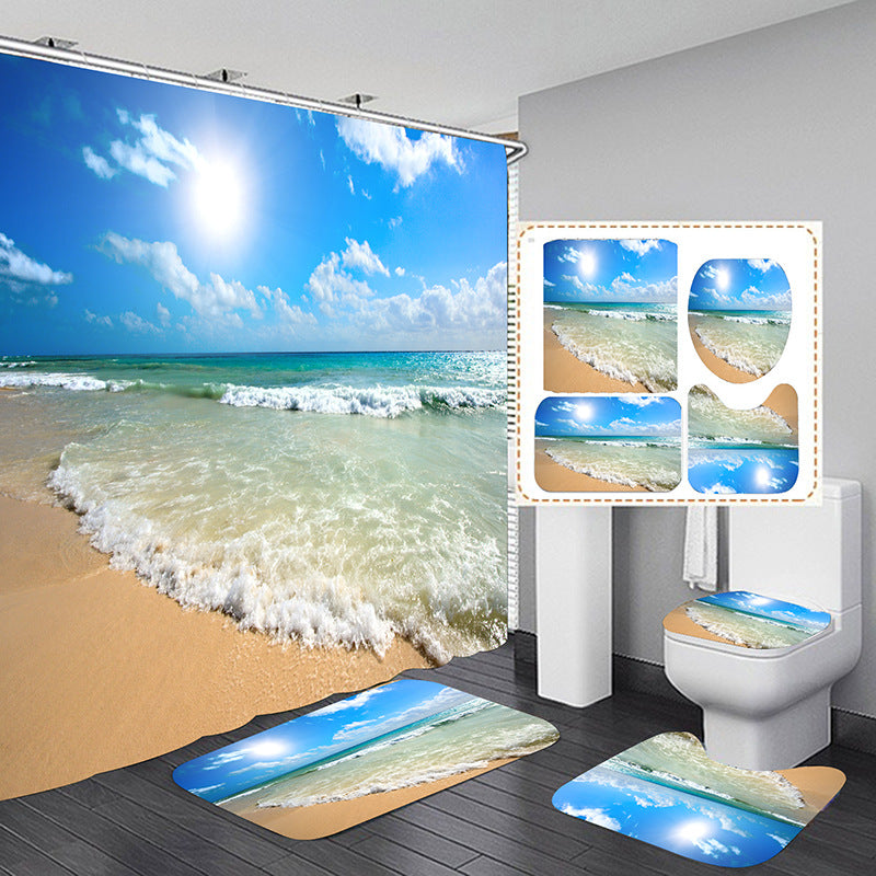3D Green Landscape Shower Curtain Set Bathroom Rug Bath Mat Non-Slip Toilet Lid Cover