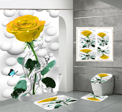 One 3D Flower Shower Curtain Set Bathroom Rug Bath Mat Non-Slip Toilet Lid Cover