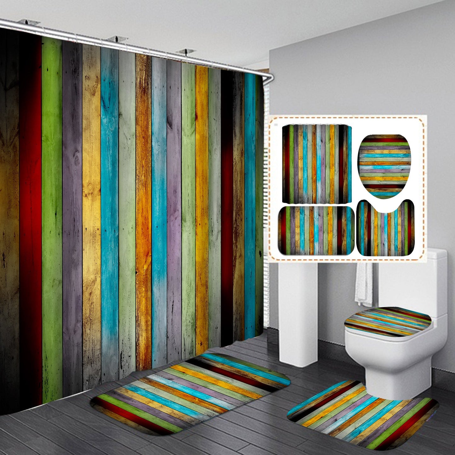 Vintage Wooden Door Design Shower Curtain Bathroom SetsNon-Slip Toilet Lid Cover