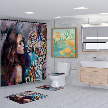 3D Animal and Beauty Shower Curtain Set Bathroom Rug Bath Mat Non-Slip Toilet Lid Cover
