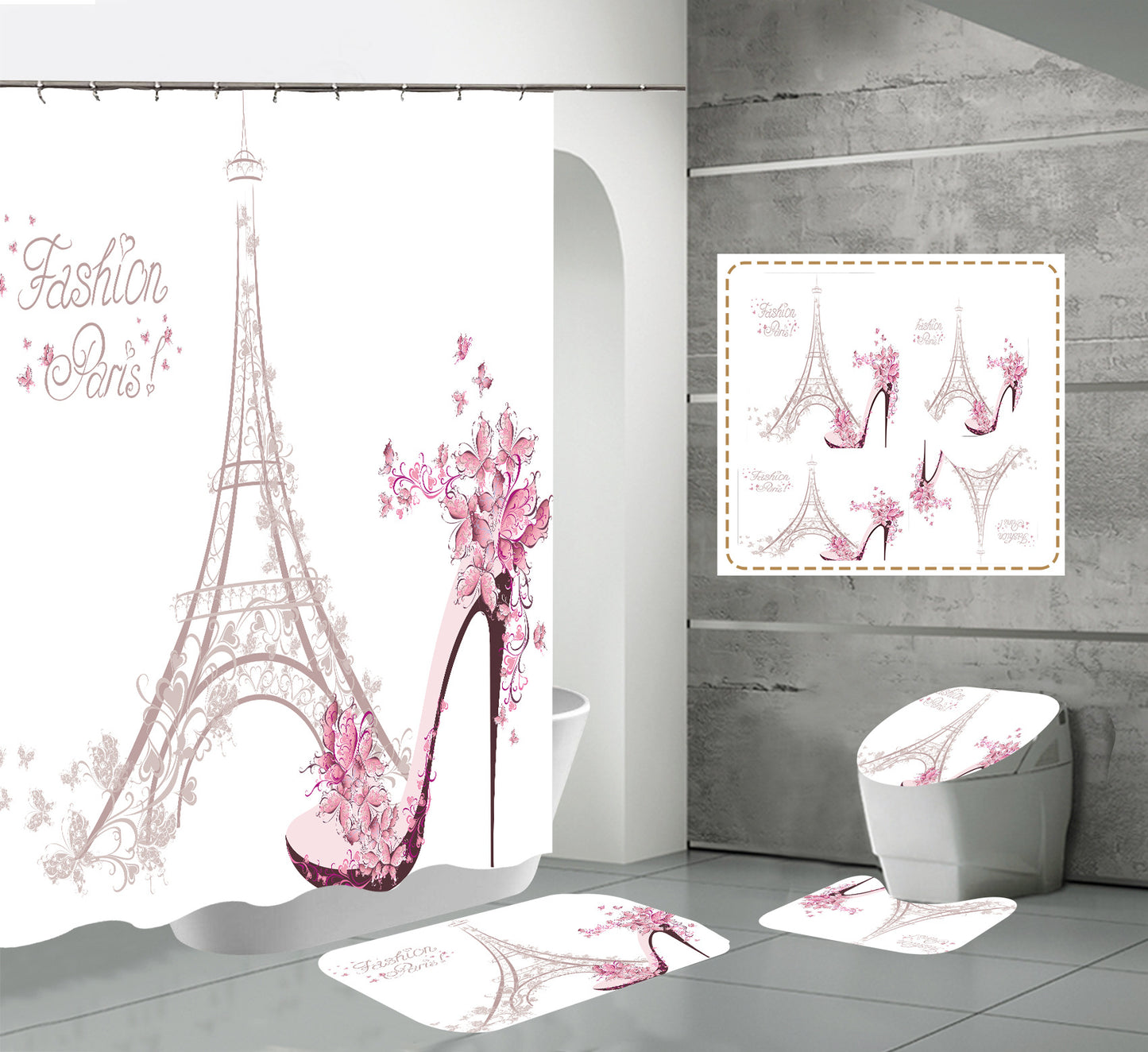 High Heels Design Shower Curtain Set Bathroom Rug Bath Mat Non-Slip Toilet Lid Cover