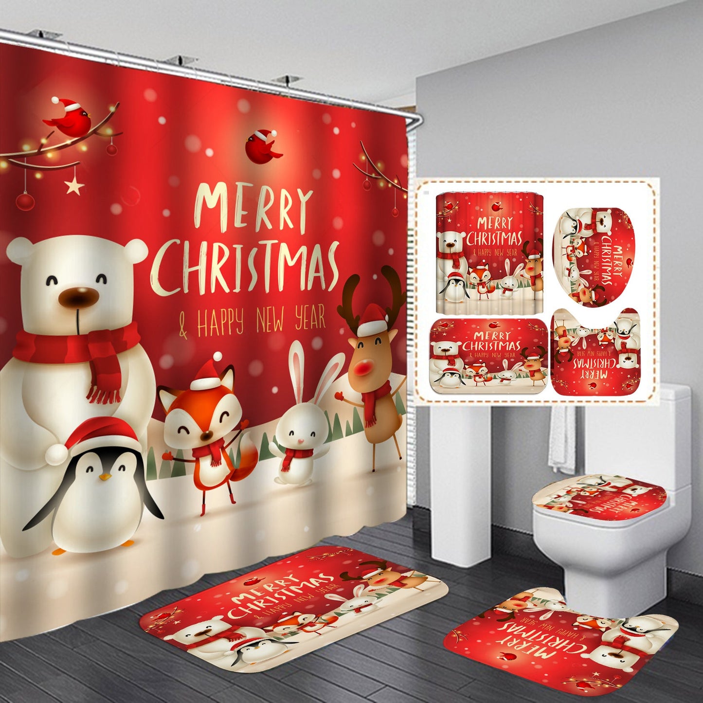 Happy Merry Christmas Shower Curtain Bathroom Sets Non-Slip Toilet Lid Cover