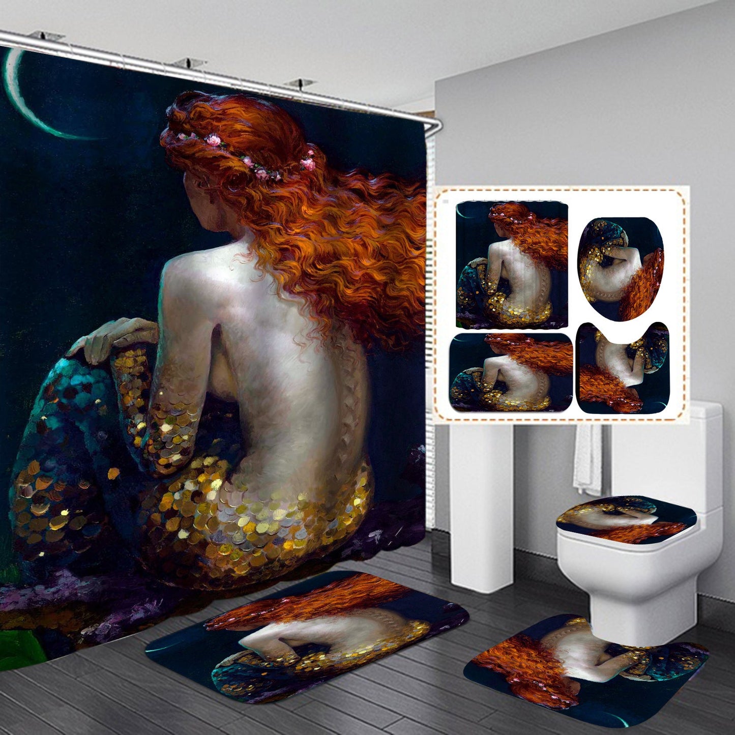 Cartoon Mermaid Design Shower Curtain Bathroom SetsNon-Slip Toilet Lid Cover