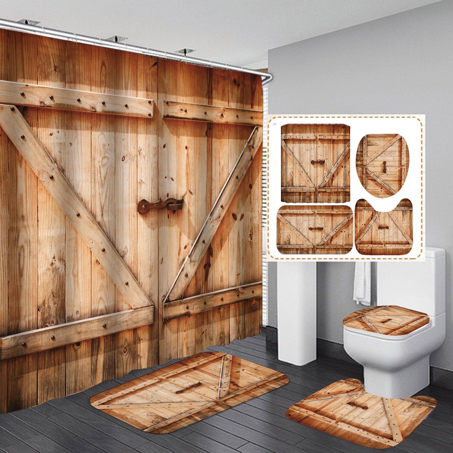Vintage Wooden Door Design Shower Curtain Bathroom SetsNon-Slip Toilet Lid Cover