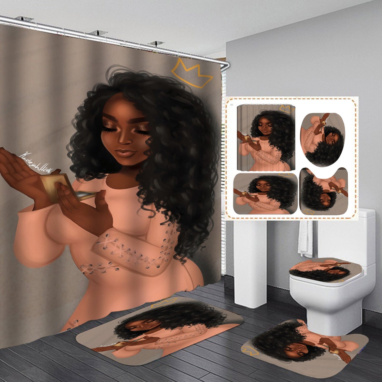 Beautiful Girl Design Shower Curtain Bathroom SetsNon-Slip Toilet Lid Cover