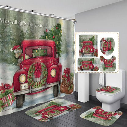 Merry Christmas Santa Claus Shower Curtain Bathroom SetsNon-Slip Toilet Lid Cover