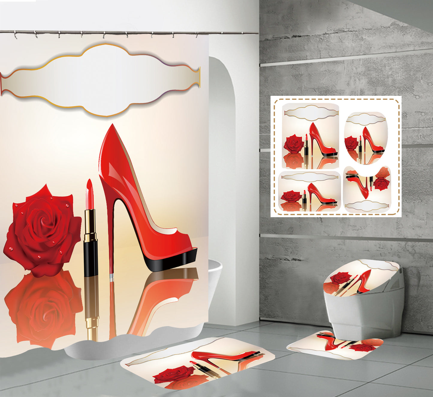 High Heels Design Shower Curtain Set Bathroom Rug Bath Mat Non-Slip Toilet Lid Cover