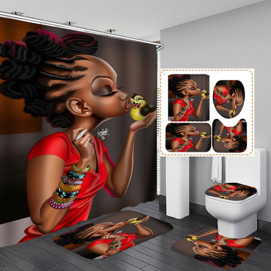 Beautiful Girl Design Shower Curtain Bathroom SetsNon-Slip Toilet Lid Cover