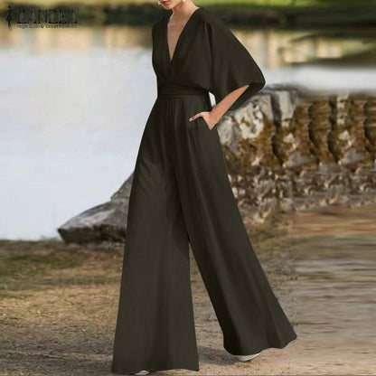 Elegant V Neck Office Lady Plus Size Women Rompers-STYLEGOING