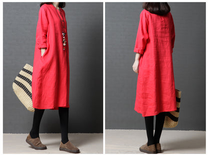 Vintage Linen Women V Neck Long Shirt Dresses