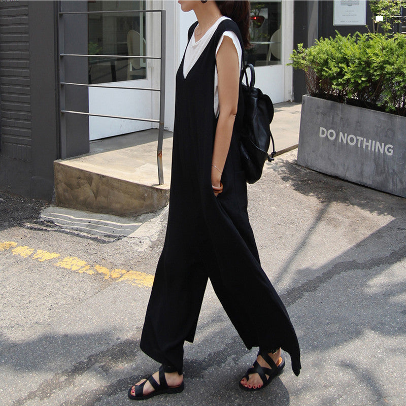 Black Summer Casual Linen Overalls for Women