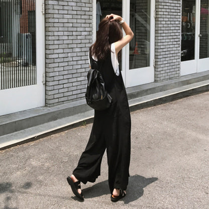 Black Summer Casual Linen Overalls for Women