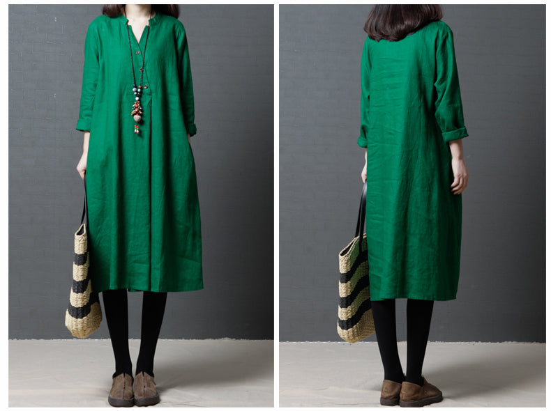 Vintage Linen Women V Neck Long Shirt Dresses
