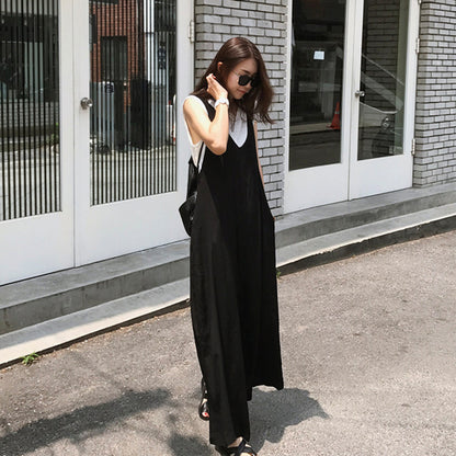 Black Summer Casual Linen Overalls for Women