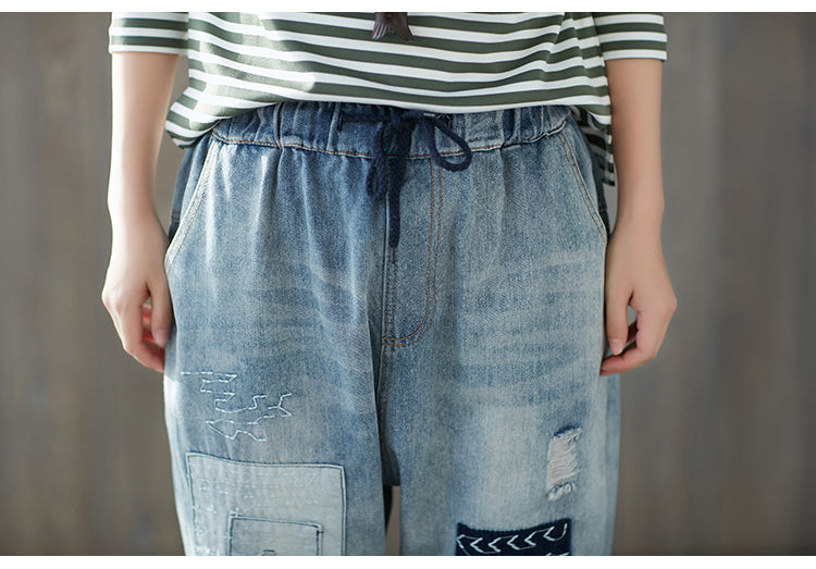 Casual Elastic Waist Cropped Jeans for Women