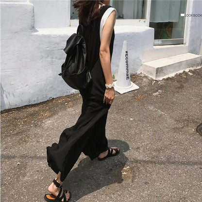 Black Summer Casual Linen Overalls for Women