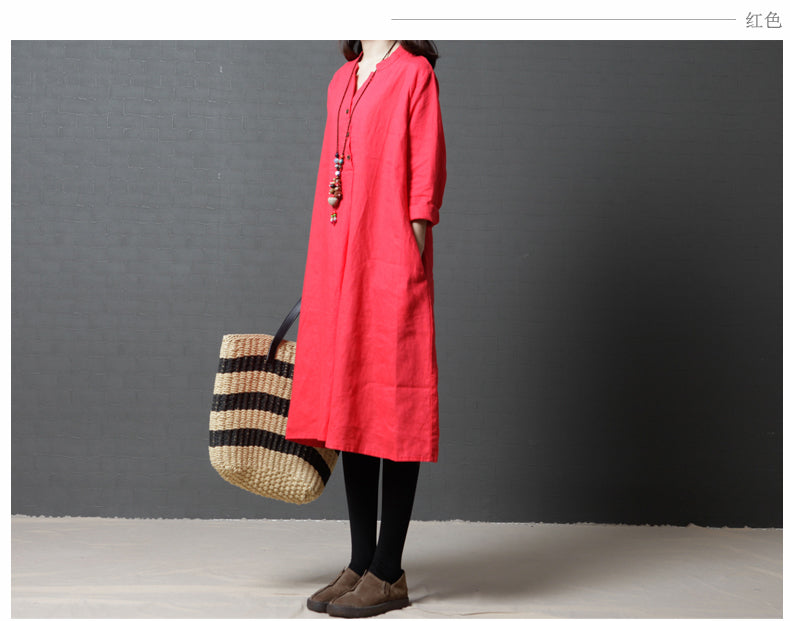 Vintage Linen Women V Neck Long Shirt Dresses