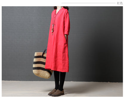 Vintage Linen Women V Neck Long Shirt Dresses